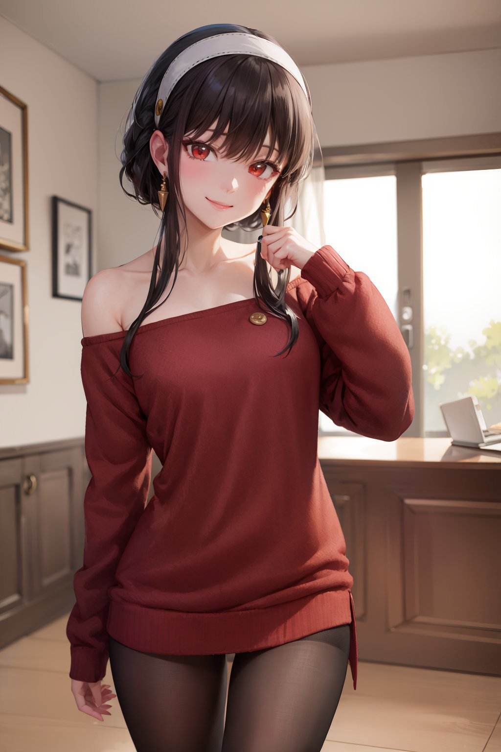 (masterpiece, best quality:1.2), <lora:sxf_yor_forger-10:1>, cowboy shot, solo, 1girl, yor briar, smile, closed mouth, looking at viewer, long black hair, hairband, red eyes, off shoulder, red sweater dress, pantyhose, earrings