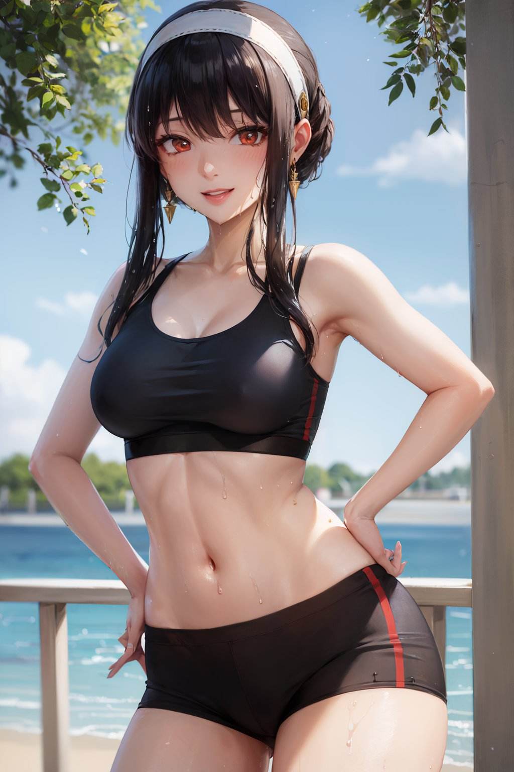 (masterpiece, best quality:1.2), <lora:sxf_yor_forger-10:1>, solo, 1girl, yor briar, (shiny skin, wet skin:1.2), sweating, smile, looking at viewer, hand on hip, long black hair, bangs, sidelocks, hairband, red eyes, sports bra, black shorts, earrings, outdoors, park