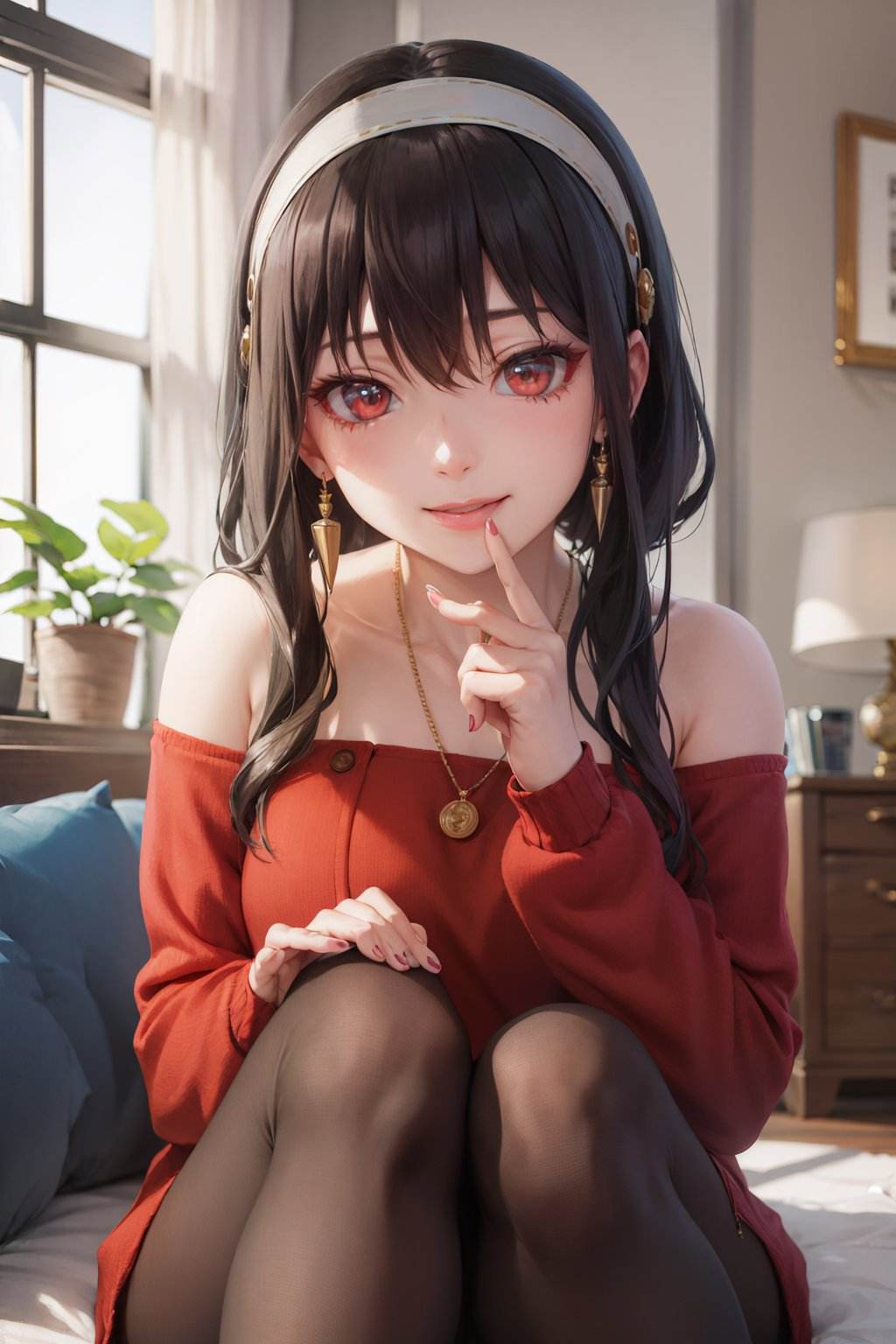 (masterpiece, best quality:1.2), <lora:sxf_yor_forger-10:1>, solo, 1girl, yor briar, smile, looking at viewer, sitting, sofa, long black hair, bangs, sidelocks, hairband, red eyes, off shoulder, red sweater dress, pantyhose, earrings, indoors, living room