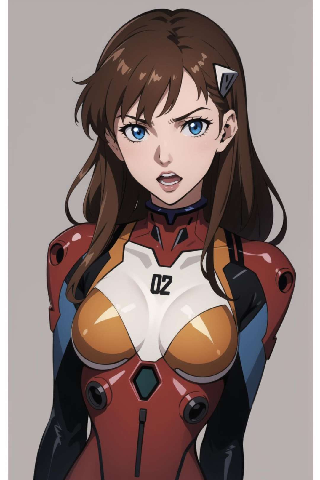 hands_on_own_chest,souryuu_asuka_langley,bodysuit,brown_hair,torn_bodysuit,rebuild_of_evangelion,1girl,large_breasts,upper_body,breasts,long_hair,skin_tight,hair_down,shiny_clothes,hair_ornament,very_long_hair,red_bodysuit,plugsuit,simple_background,solo,neon_genesis_evangelion,lips,highres,evangelion:_3.0+1.0_thrice_upon_a_time,looking_at_viewer,artist_request,blue_eyes,open_mouth,curvy,interface_headset