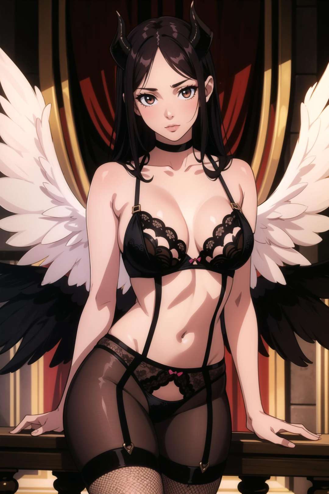 girl,(hotify:1.2) ,angel,wings,horns,lace lingerie,fishnets ,(masterpiece,detailed,highres:1.4)