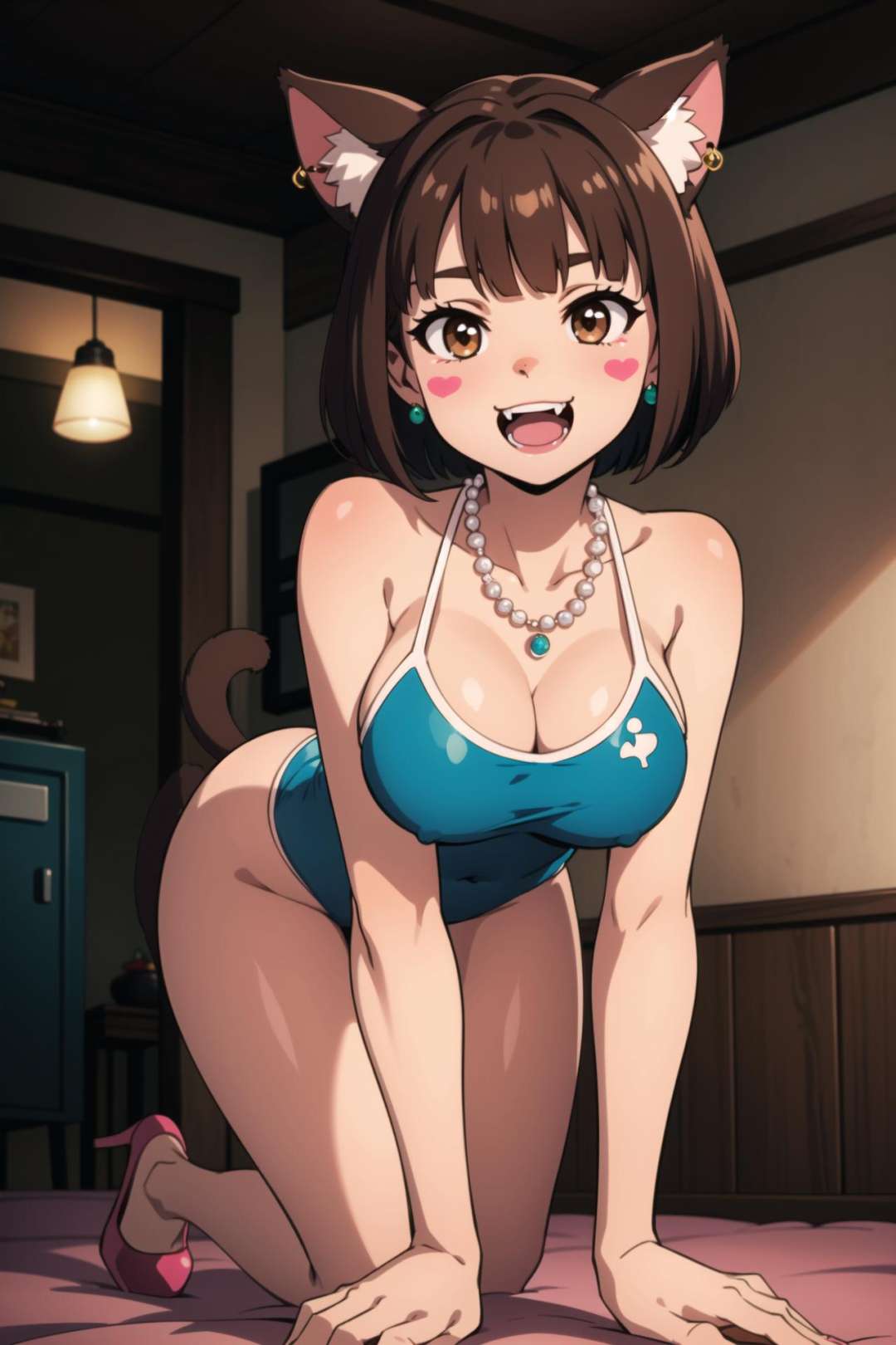 indoors, 1girl, breasts, smile, short hair, open mouth, bangs, large breasts, simple background, brown hair, 1boy, animal ears, cleavage, brown eyes, jewelry, tail, swimsuit, hetero, earrings, penis, solo focus, cat ears, dark skin, blunt bangs, necklace, high heels, cat tail, one-piece swimsuit, uncensored, fangs, blush stickers, erection, testicles, bob cut, cat girl, all fours, drooling, furry, veins, furry female, veiny penis, pink footwear, interspecies, disembodied penis, pearl necklace, penis awe, furry with non-furry, looking at penis, green one-piece swimsuit