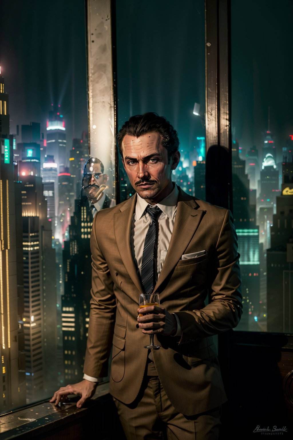 (masterpiece, best quality:1.2),  <lora:andrew_ryan-12:0.7>, ryanBS_soul3142, solo, black hair, 1boy, suit, necktie, night, mustache, formal, city, glass