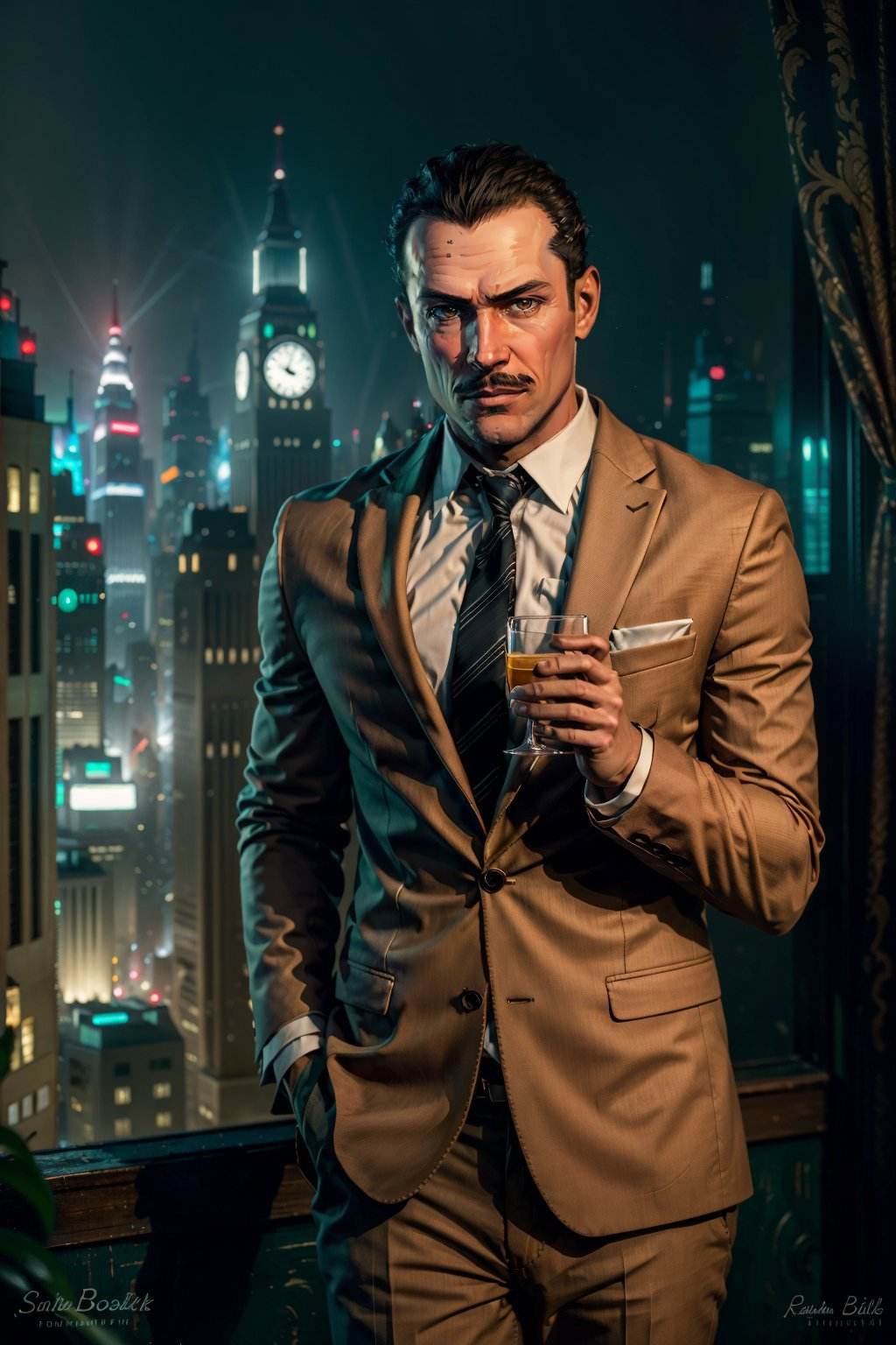 (masterpiece, best quality:1.2),  <lora:andrew_ryan-12:0.7>, ryanBS_soul3142, solo, black hair, 1boy, suit, necktie, night, mustache, formal, city, glass