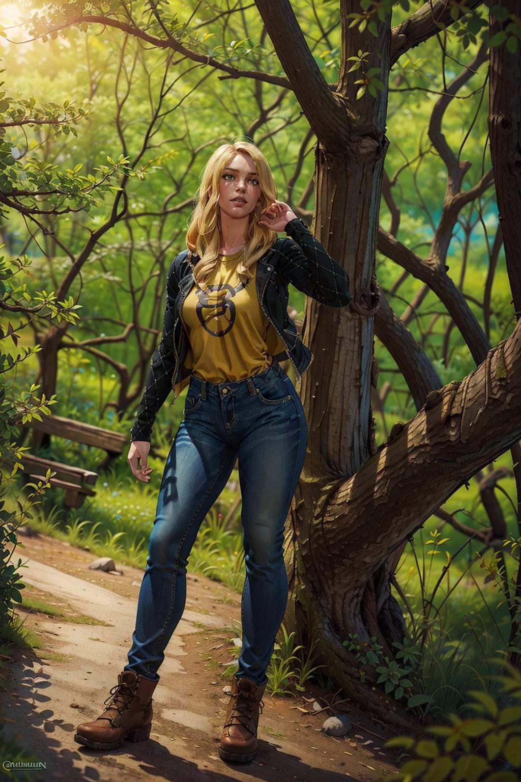 (masterpiece, best quality:1.2), <lora:vivienne-18:0.6>, vvivienneW3_soul3142, 1girl, solo, blonde hair, jacket, tshirt, jeans, outdoors, tree, sunlight, nature, scenery, forest