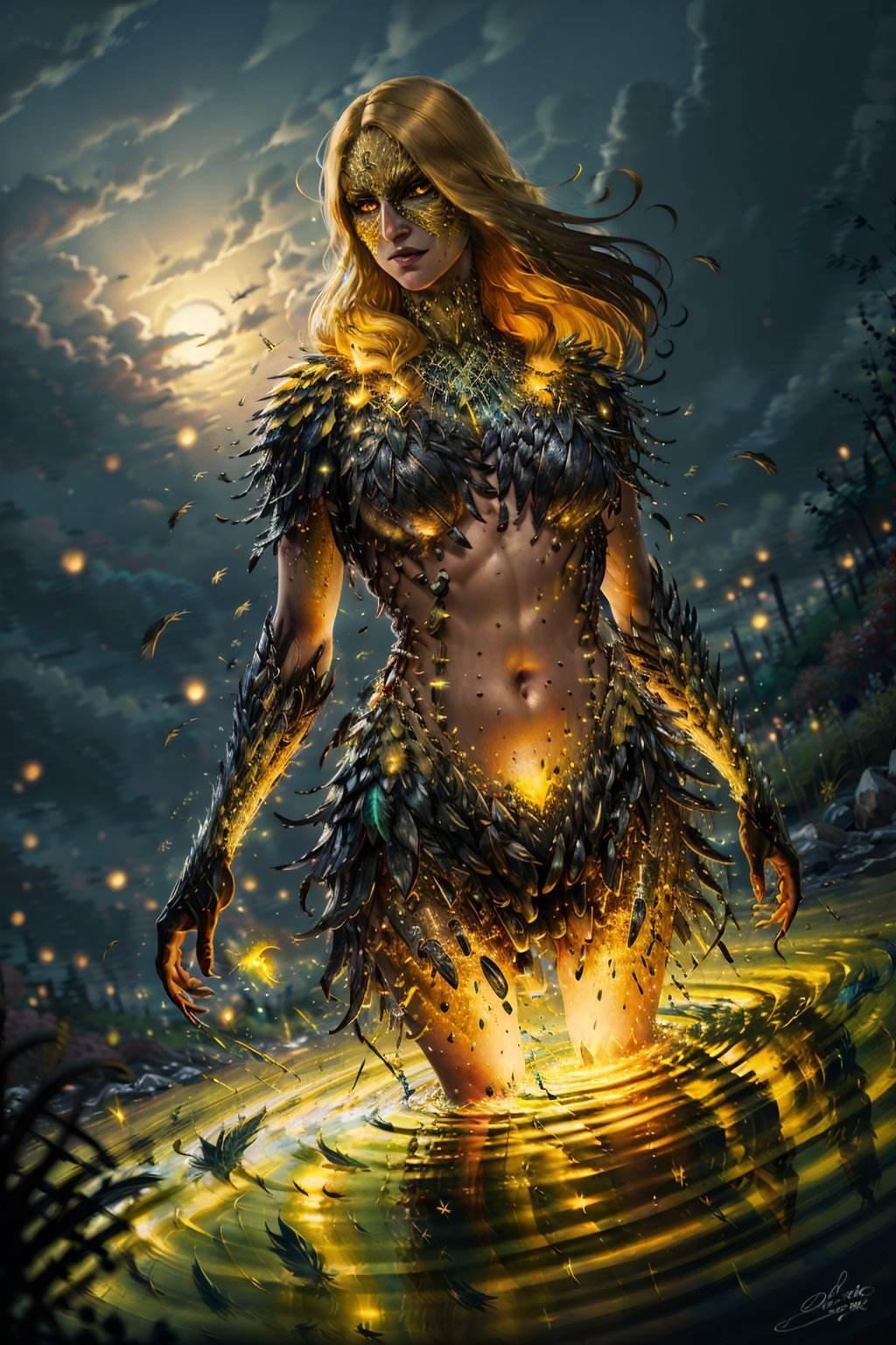 (masterpiece, best quality:1.2), <lora:vivienne-20:0.7>, vivienneW3_soul3142, 1girl, solo, long hair, breasts, blonde hair, mask, yellow eyes, feathers, monster girl, navel, sky, fireflies, water, ripples, glowing, reflection, wading