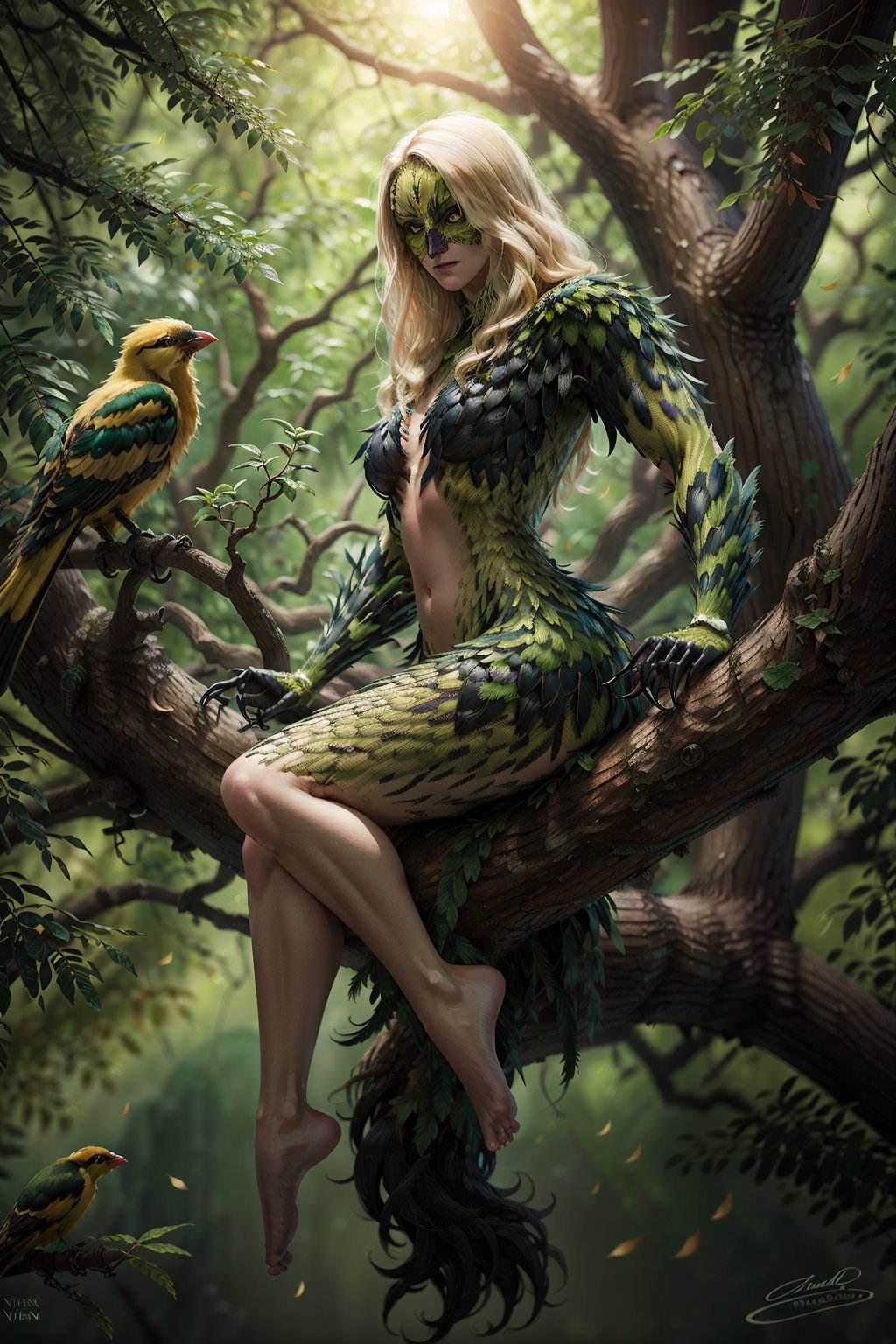 (masterpiece, best quality:1.2), <lora:vivienne-18:0.7>, vivienneW3_soul3142, solo, long hair, blonde hair, 1girl, sitting, full body, barefoot, hair over one eye, tree, mask, bird, claws, branch, in tree, bird on hand