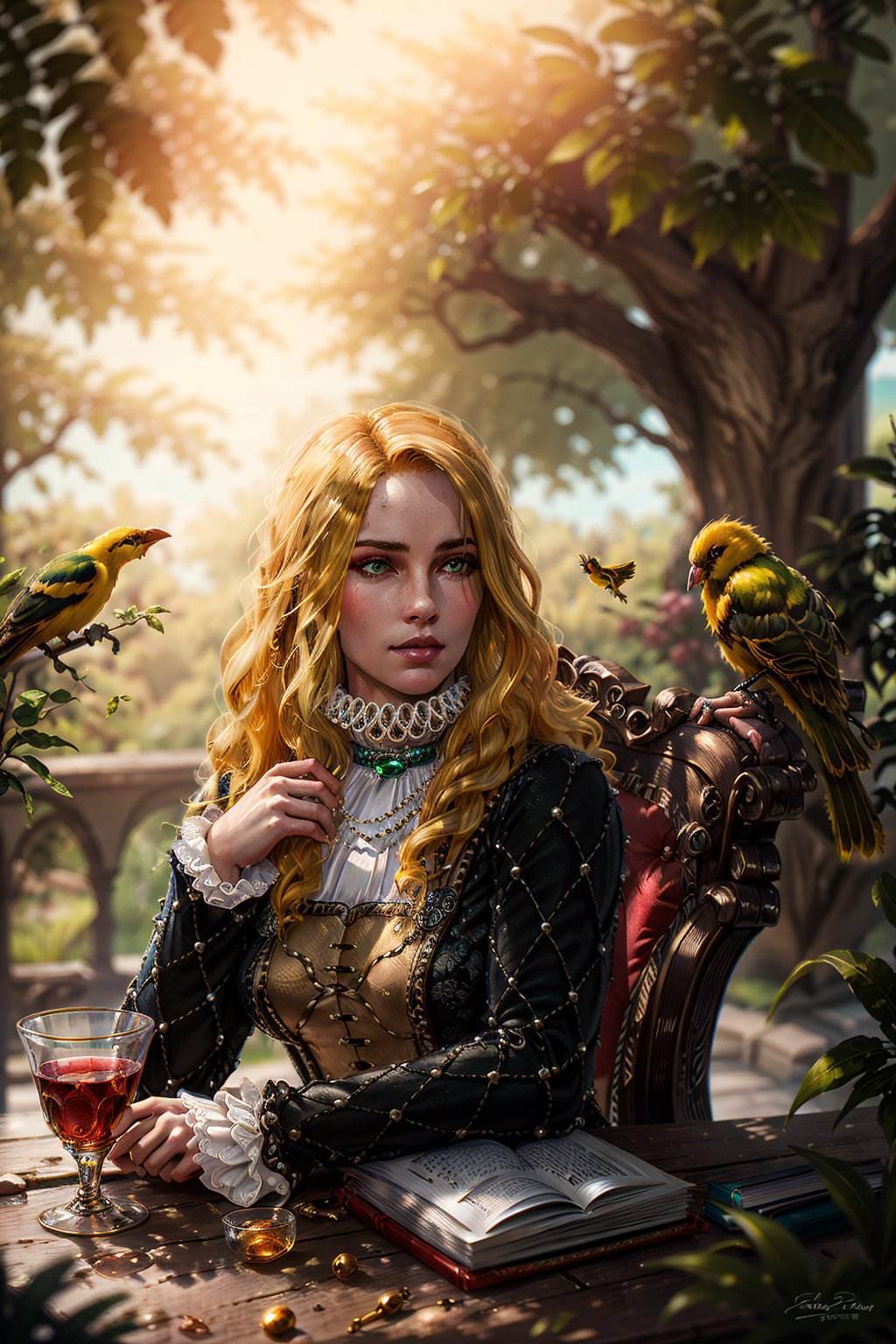 (masterpiece, best quality:1.2), <lora:vivienne-18:0.7>, vivienneW3_soul3142, 1girl, solo, long hair, green eyes, blonde hair, jewelry, sitting, tree, cup, book, bird, chair, table, drinking glass, open book