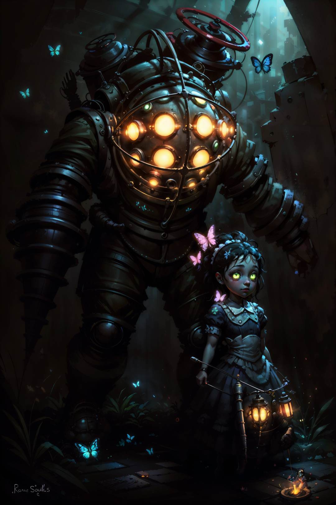 (masterpiece, best quality:1.2),  <lora:big_daddy-20:0.7>, bigdaddyBS_soul3142, 1girl, black hair, dress, glowing, bug, robot, butterfly, glowing eyes