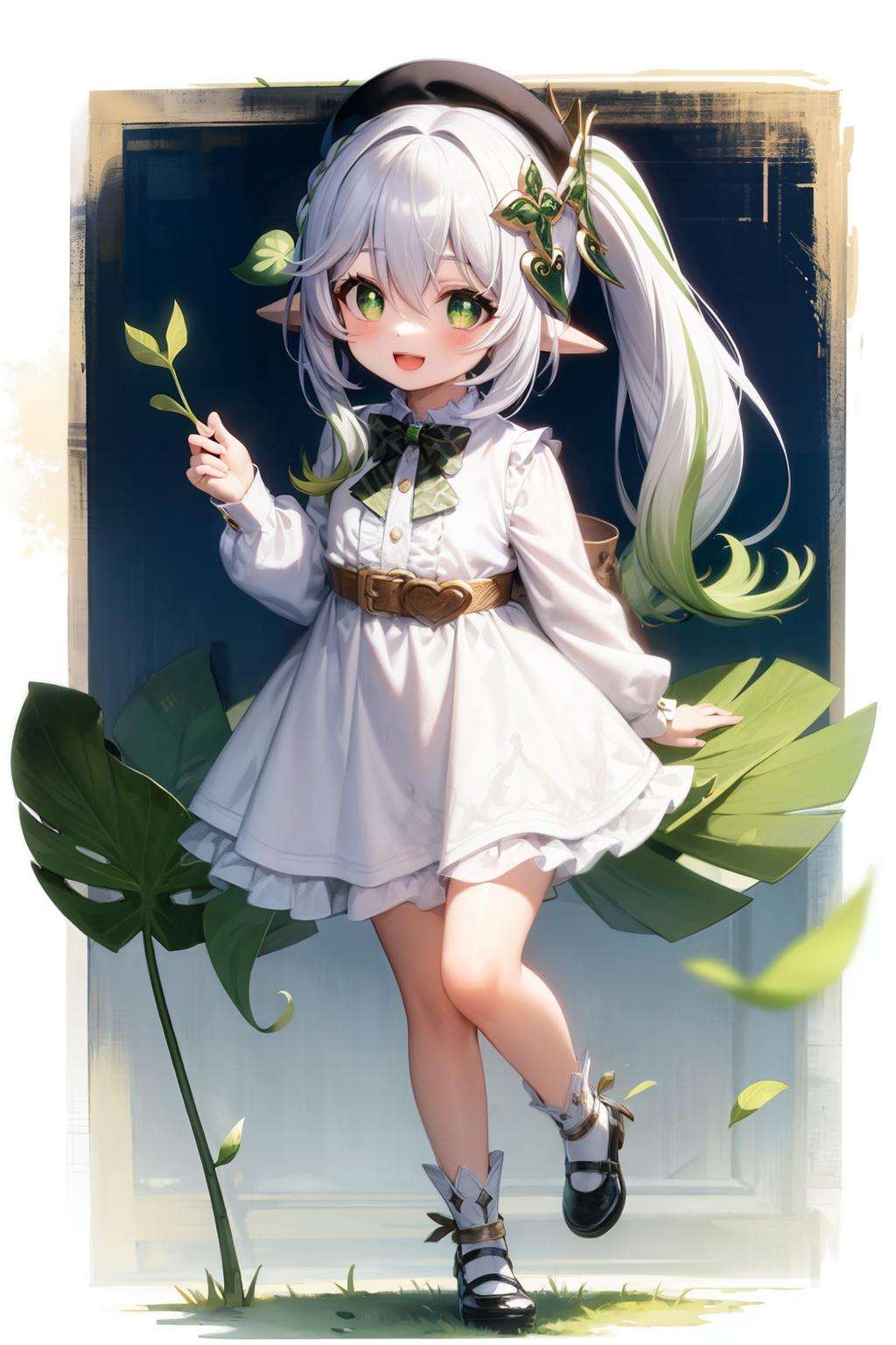 masterpiece, best quality, <lora:nahida:1>,1girl, nahida (genshin impact), green eyes, dress, pointy ears, side ponytail, multicolored hair, alternate costume, smile, long sleeves, long hair, looking at viewer, sidelocks, plaid dress, black footwear, hat, :d, shoes, socks, bangs, full body, bowtie, gradient hair, green hair, hair between eyes, belt, white socks, symbol-shaped pupils, plaid, bow, brown dress, solo, grey hair, mary janes, open mouth, leaf, hair ornament, contemporary, standing on one leg, leaf hair ornament, white hair, puffy long sleeves, autumn leaves, blue bowtie, two-tone hair, frills, blush, standing, ribbon, white background, white shirt, brown headwear, frilled dress, sleeveless dress, shirt, sleeveless, blue bow, beret, falling leaves