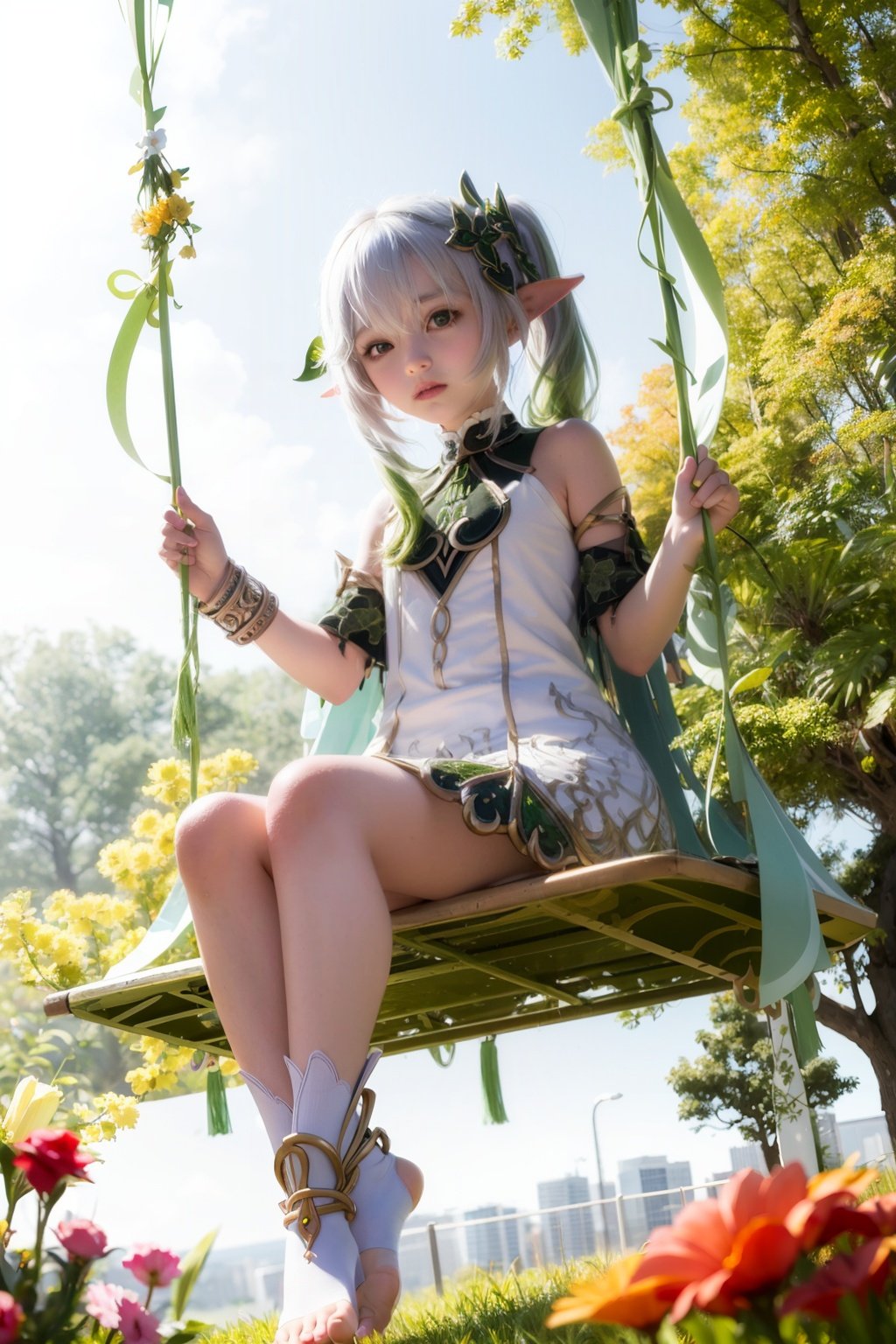 masterpiece, best quality,  <lora:nahida:1>,swing, 1girl, green eyes, dress, white dress, long hair, stirrup legwear, pointy ears, multicolored hair, sitting, side ponytail, jewelry, white hair, gradient hair, tree, symbol-shaped pupils, hair ornament, bangs, solo, toeless legwear, outdoors, white socks, looking at viewer, toes, no shoes, socks, bracelet, feet, closed mouth, cross-shaped pupils, green hair, holding, hair between eyes, full body, bare shoulders, sleeveless, day, flower, green cape, short sleeves, sleeveless dress, plant, white footwear