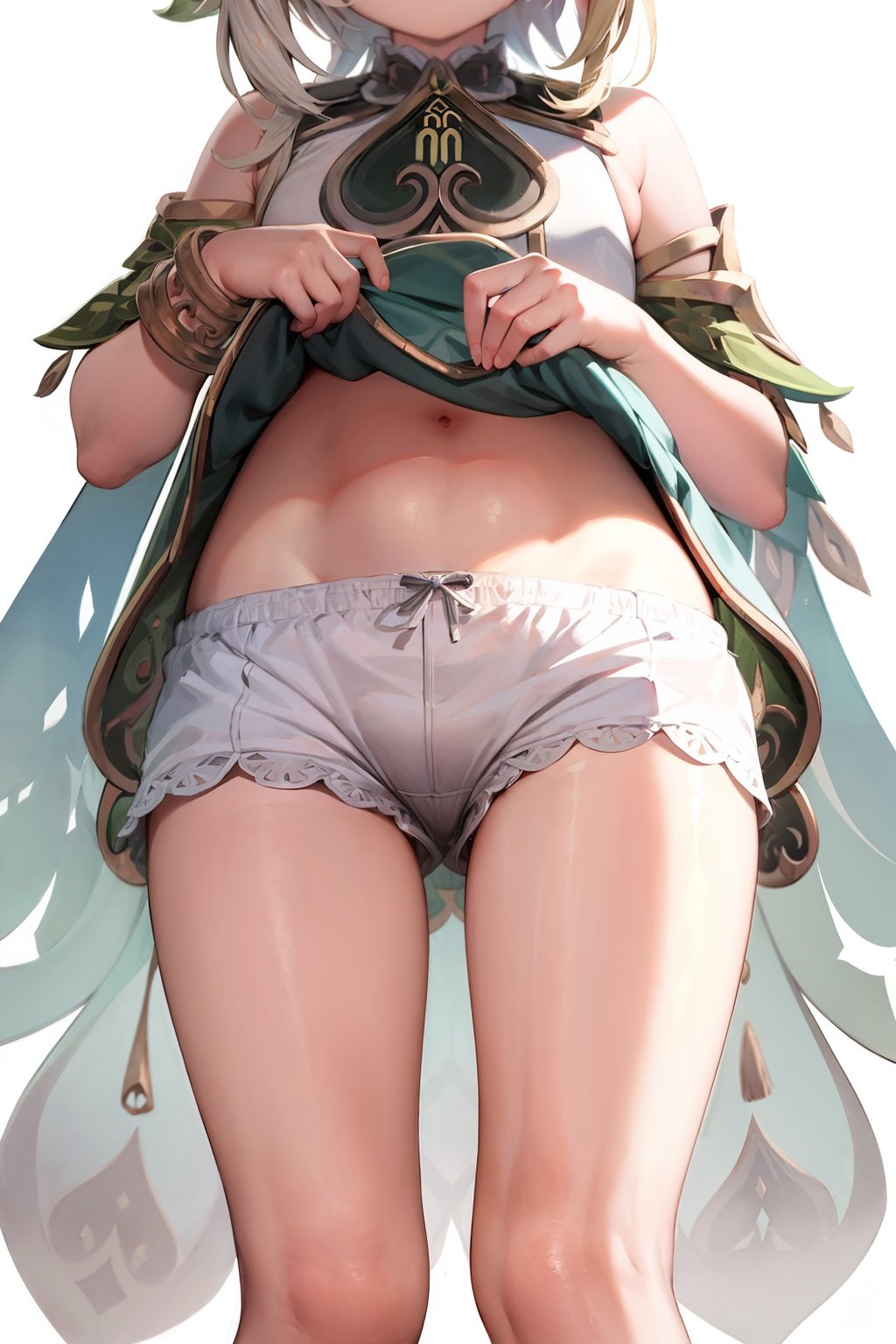 masterpiece, best quality, <lora:nahida:1>,1girl, solo, bloomers, navel, underwear, nahida (genshin impact), white background, simple background, white bloomers, clothes lift, lifted by self, stomach, head out of frame, shirt lift, midriff, cape, bracelet, pulled by self, dress, white shorts, white dress, shorts, jewelry, blonde hair, lower body, long hair