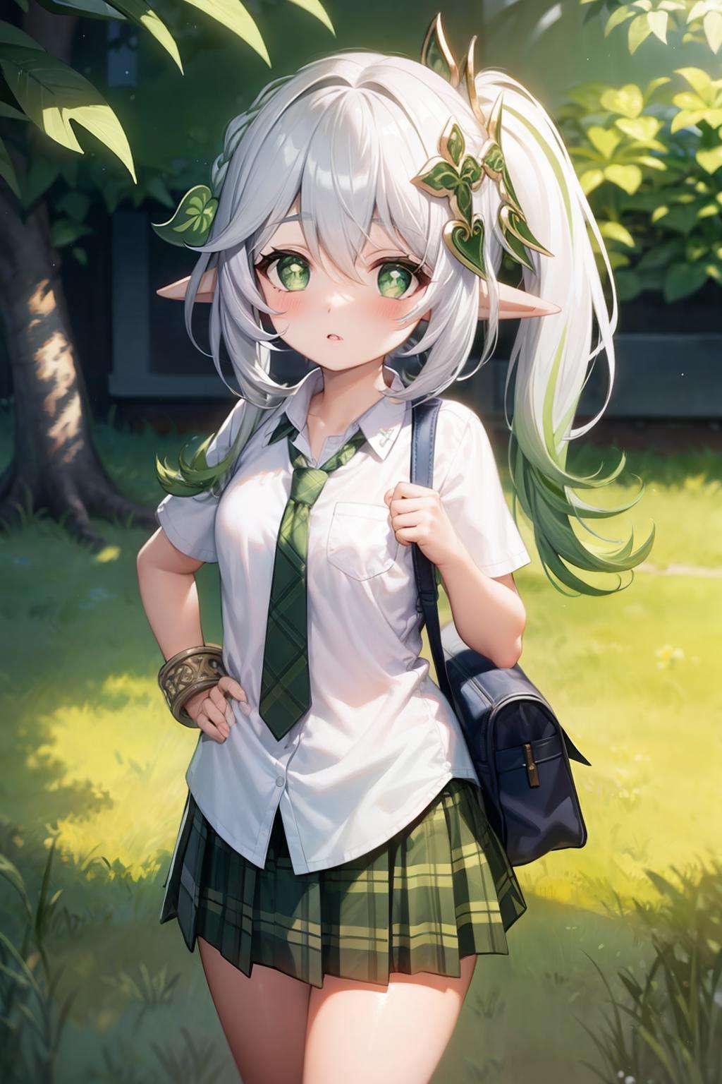 masterpiece, best quality, <lora:nahida:1>,nahida (genshin impact), 1girl, green eyes, pointy ears, school uniform, side ponytail, alternate costume, solo, skirt, bag, necktie, multicolored hair, hair ornament, looking at viewer, blush, plaid skirt, school bag, plaid, symbol-shaped pupils, white hair, short sleeves, green hair, bracelet, shirt, gradient hair, long hair, charm (object), bag charm, cross-shaped pupils, bangs, contemporary, braid, hair between eyes, grey hair, sidelocks, jewelry, pleated skirt, green skirt, white shirt, green necktie, collared shirt, character name, female child, white background, leaf hair ornament