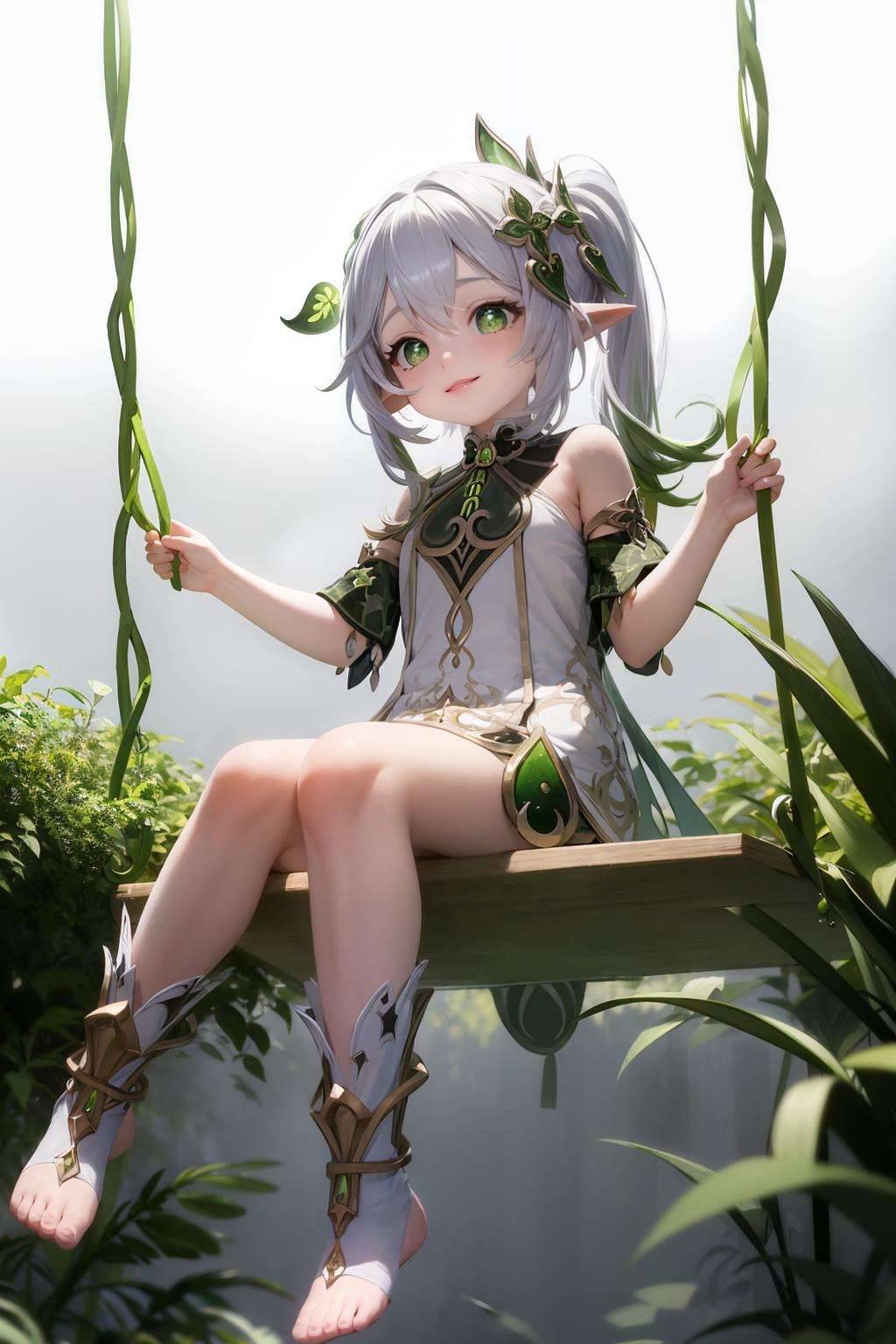 masterpiece, best quality, <lora:nahida:1>,swing,sitting,full body,1girl,nahida \(genshin impact\),white hair,multicolored hair, side ponytail,hair ornament,green eyes,symbol-shaped pupils,pointy ears, jewelry, detached sleeves,white dress,toeless legwear,grey background, smile