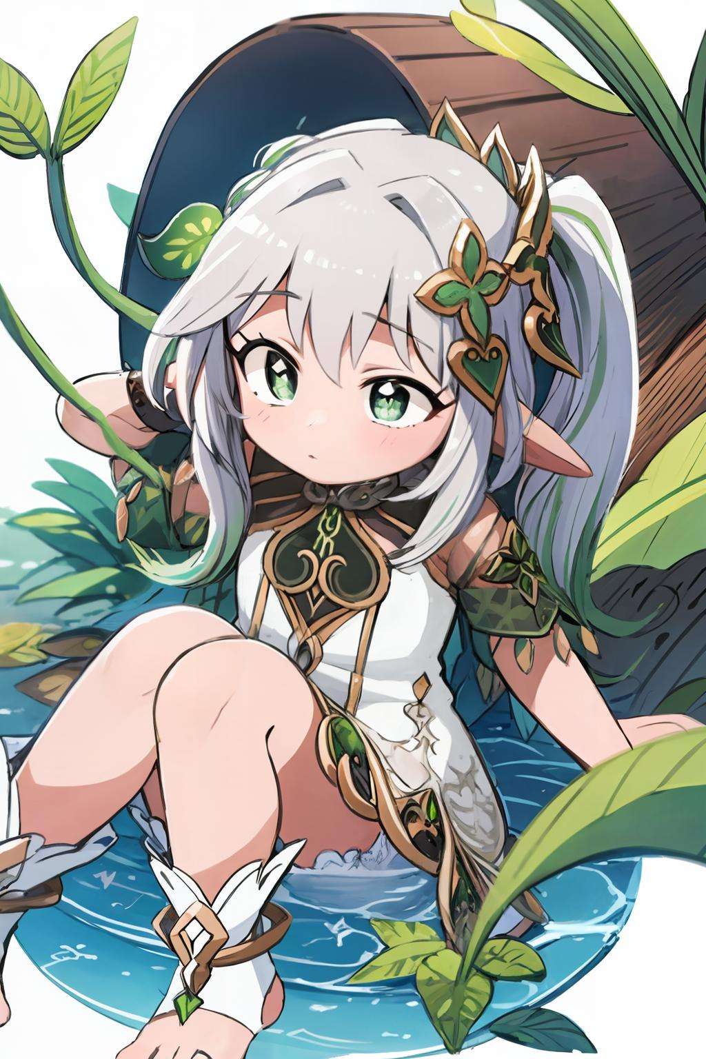 masterpiece, best quality, <lora:nahida:1>,1girl,solo,nahida \(genshin impact\),white hair,multicolored hair, side ponytail,hair ornament,green eyes,symbol-shaped pupils,pointy ears, jewelry, detached sleeves,white dress,toeless legwear,<lora:style05:1>,(chibi:1.2),white background, 