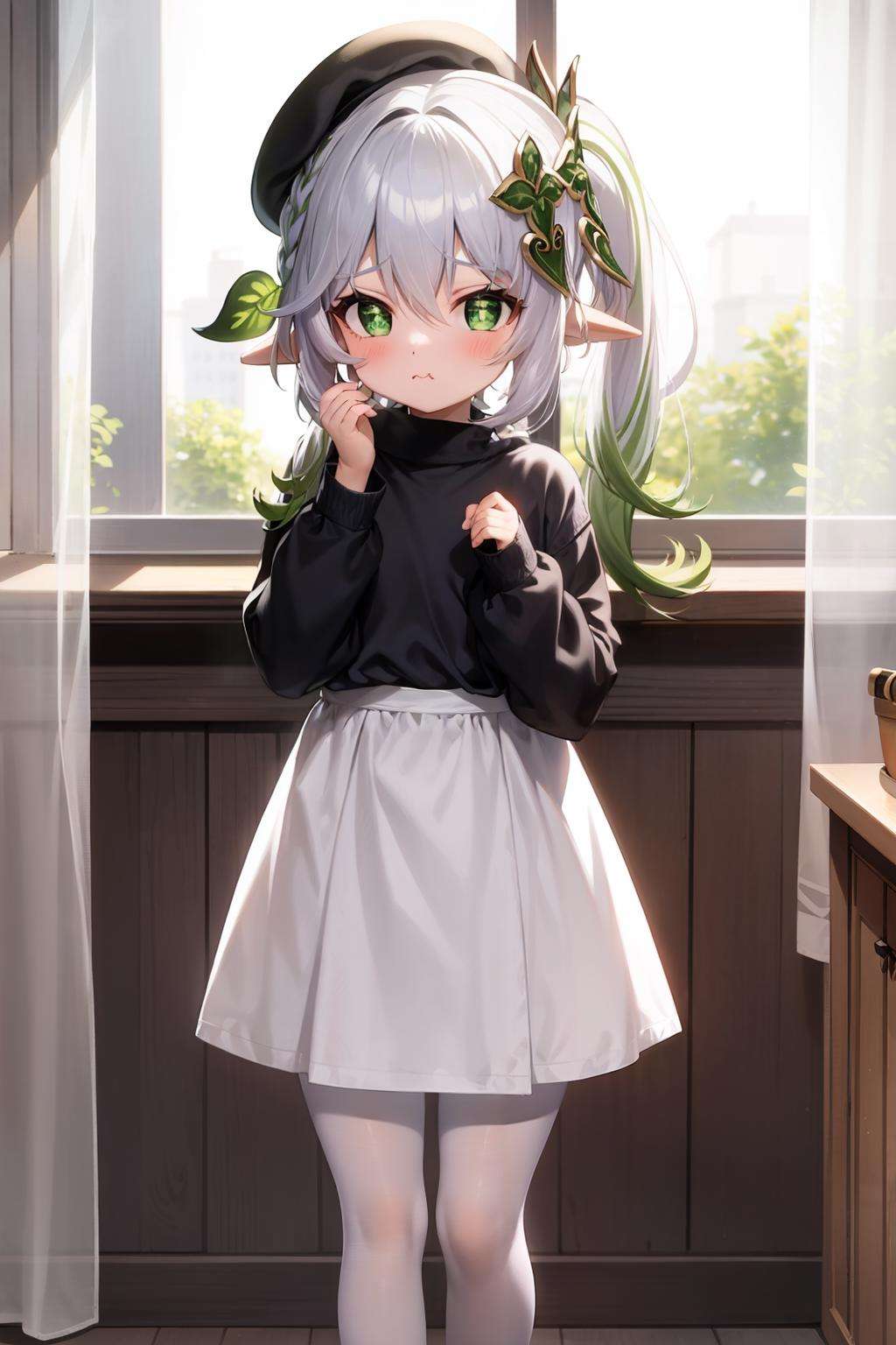 masterpiece, best quality, <lora:nahida:1>,1girl, nahida (genshin impact), solo, green eyes, side ponytail, pointy ears, symbol-shaped pupils, hat, window, dress, long hair, looking at viewer, cross-shaped pupils, pout, white pantyhose, white dress, multicolored hair, gradient hair, green hair, braid, pantyhose, bangs, female child, indoors, long sleeves, white hair, grey hair, curtains, shoes, hand on own face, standing, alternate costume, blush, hair between eyes, hair ornament, puffy long sleeves, bow, beret, closed mouth, :t, ribbon, sidelocks, legs, hand on own cheek