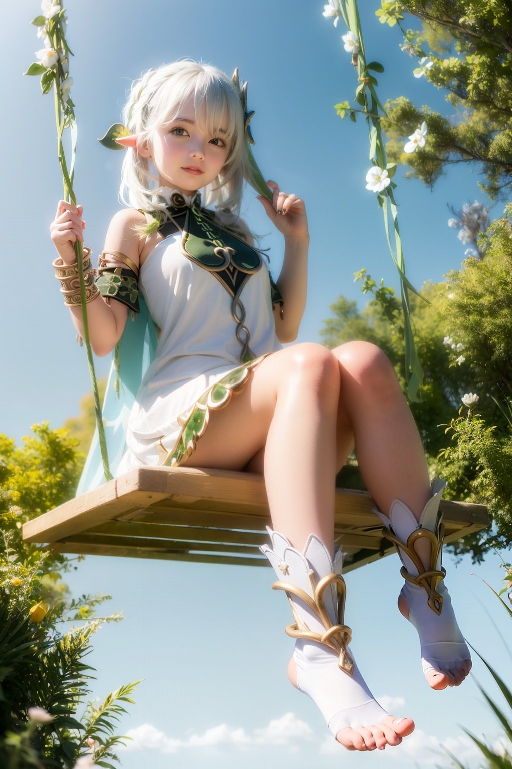 masterpiece, best quality, <lora:nahida:1>,swing, 1girl,smile, mature female,large breasts,green eyes, dress, white dress, long hair, stirrup legwear, pointy ears, multicolored hair, sitting, side ponytail, jewelry, white hair, gradient hair, tree, symbol-shaped pupils, hair ornament, bangs, solo, toeless legwear, outdoors, white socks, looking at viewer, toes, no shoes, socks, bracelet, feet, closed mouth, cross-shaped pupils, green hair, holding, hair between eyes, full body, bare shoulders, sleeveless, day, flower, green cape, short sleeves, sleeveless dress, plant, white footwear