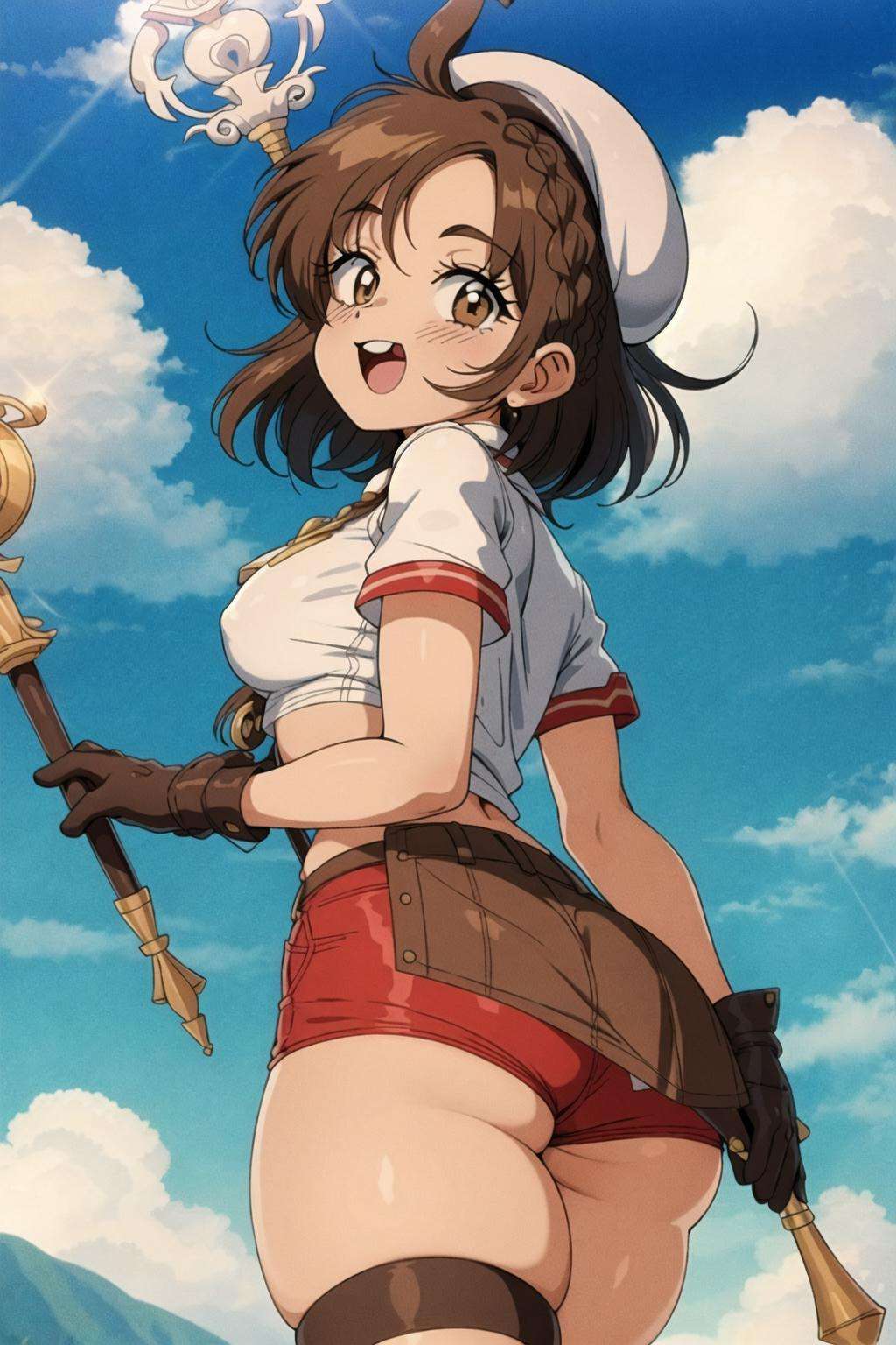 1980s \(style\), bluethebone, 1girl, ass, braid, breasts, brown eyes, brown hair, medium breasts, cloud, gloves, hair ornament, hat, jewelry, open mouth, red shorts, reisalin stout, short hair, short shorts, shorts, sky, smile, solo, staff, thick thighs, thighhighs, thighs, white headwear <lora:bluethebone1.9:0.6>