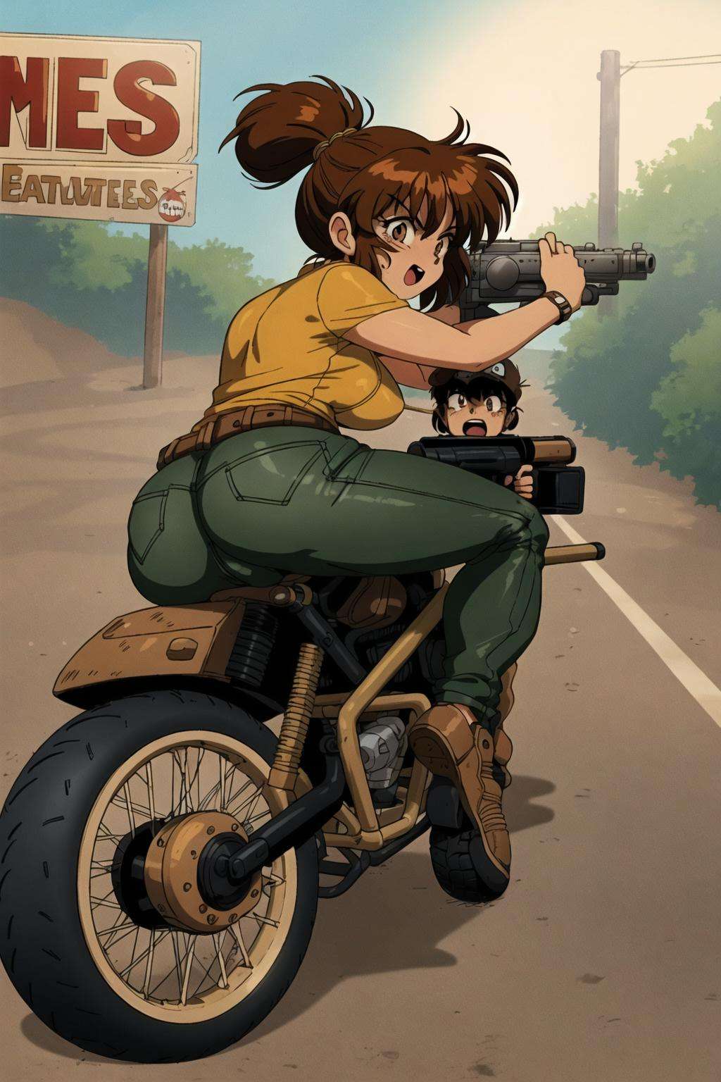 bluethebone, 1980s \(style\), 1girl, brown eyes, brown hair, gun, handgun, motorcycle, open mouth, pants, ponytail, retro artstyle, watch, weapon, wristwatch <lora:bluethebone1.9:0.6>