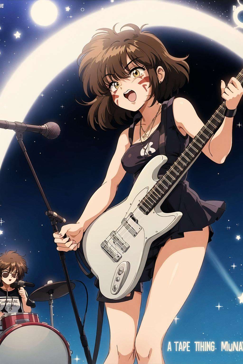 1980s \(style\), bluethebone,  1girl, acoustic guitar, album cover, bass guitar, brown hair, card \(medium\), crescent moon, electric guitar, facepaint, facial mark, full moon, guitar, holding instrument, instrument, microphone, microphone stand, moon, music, night, night sky, open mouth, planet, playing instrument, plectrum, shooting star, sky, space, star \(sky\), star \(symbol\), star necklace, starry background, starry sky, sun, sunglasses <lora:bluethebone1.9:0.6>