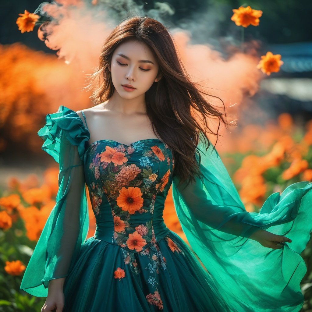 woman, flower dress, colorful,beautiful, darl background,flower armor,green theme,battlefield smoke,exposure blend, medium shot, bokeh, (hdr:1.4), high contrast, (cinematic, teal and orange:0.85), (muted colors, dim colors, soothing tones:1.3), low saturation,,(xxmix girl woman)