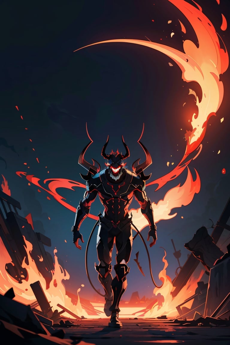 Masterpiece, ultra detailed, best quality, illustration, cinematic lights,dark ,dark ambient, no humans, demon, laughing, portal from hell in background, full body, horns, fire demon, devil