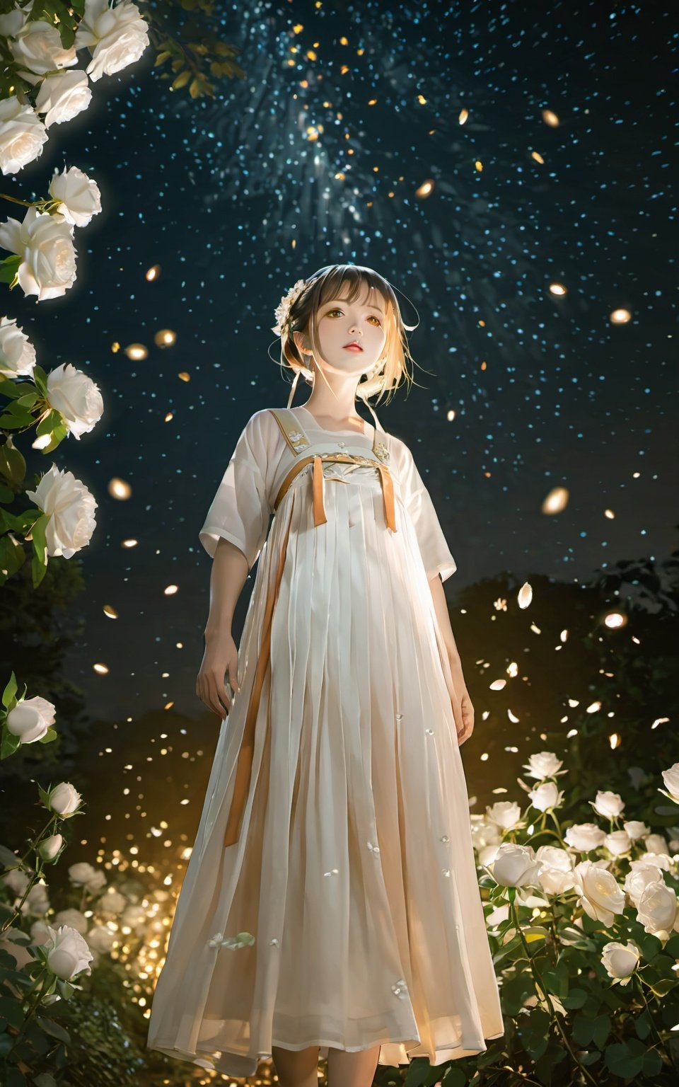 face focus, masterpiece, best quality, 1girl, , white roses, petals, night background, fireflies, light particle, solo, standing, pixiv, depth of field, cinematic composition, best lighting, looking up, <lora:hanfuTang_v40_sdxl-000018:0.8>, tang style outfits, white upper shan, orangechest pleated skirt