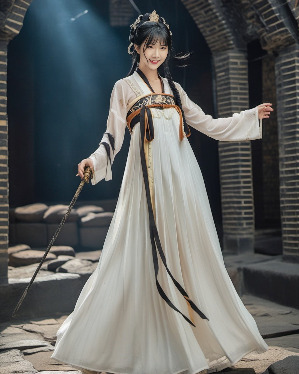 A cinematic upper body photograph of a female in a dungeon, she wearing tang style outfits, white chest pleated skirt, shadows, black hair, dynamic scene, epic pose, highly detailed face, seductive smile, black eyes, wand, cinematic, fujifilm, intricate, detailed, raw photograph,<lora:hanfuTang_v40_sdxl-000018:0.9>