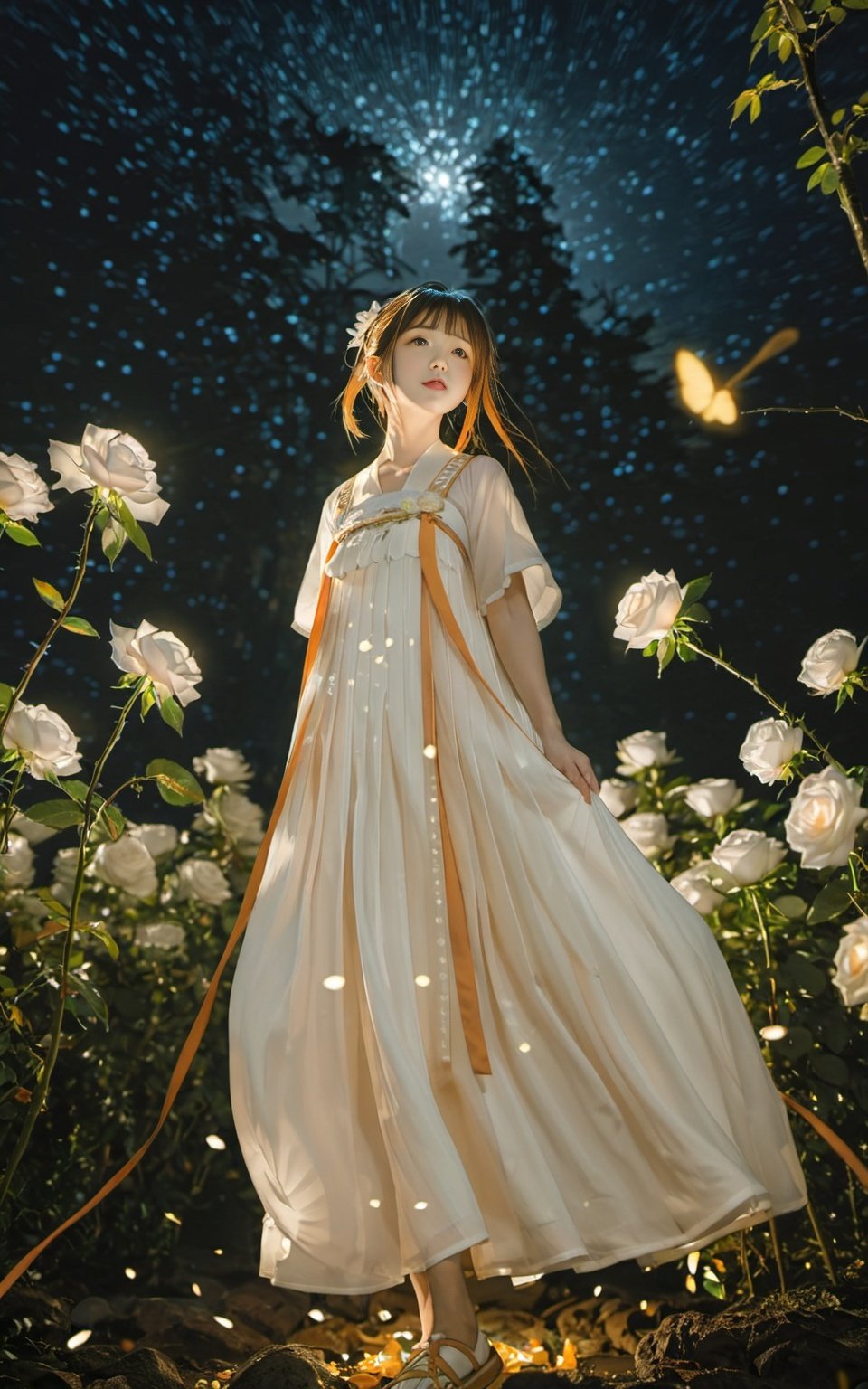 masterpiece, best quality, 1girl, , white roses, petals, night background, fireflies, light particle, solo, standing, pixiv, depth of field, cinematic composition, best lighting, looking up, <lora:hanfuTang_v40_sdxl-000018:0.8>, tang style outfits, white upper shan, orangechest pleated skirt