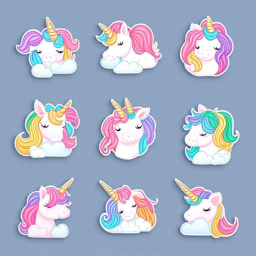 Cute unicorn stickers  <lora:sd15-stickers-lora:1.0>, Very detailed, clean, high quality, sharp image