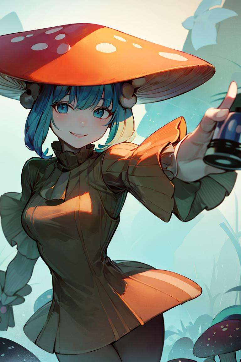 ((masterpiece,best quality)), absurdres,<lora:Mushroom_Girl:0.8>, Mushroom_Girl,solo, smiling, looking at viewer, cowboy shot,cinematic composition, dynamic pose,