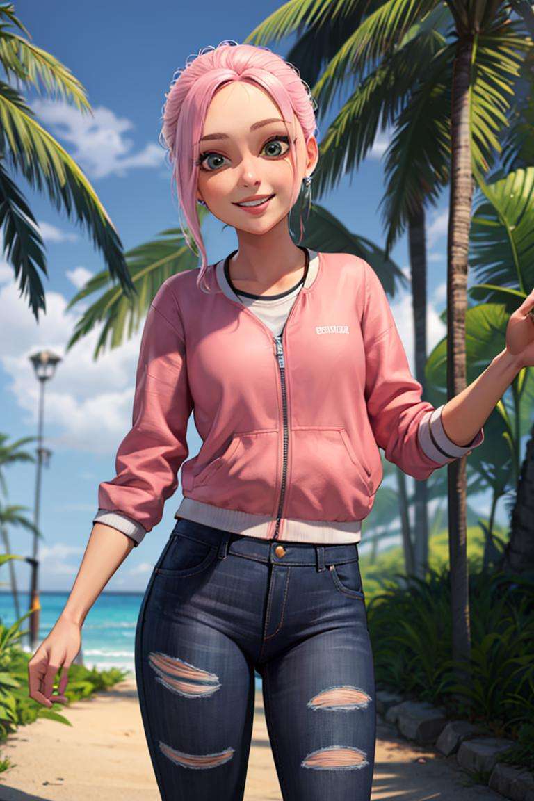 ((masterpiece,best quality)), absurdres,<lora:Brooklynn_Jurassic_Park:0.5>, Brooklynn_Jurassic_Park,  pink jacket, torn jeans, solo, smiling, looking at viewer, cowboy shot, tropical background, cinematic composition, dynamic pose,