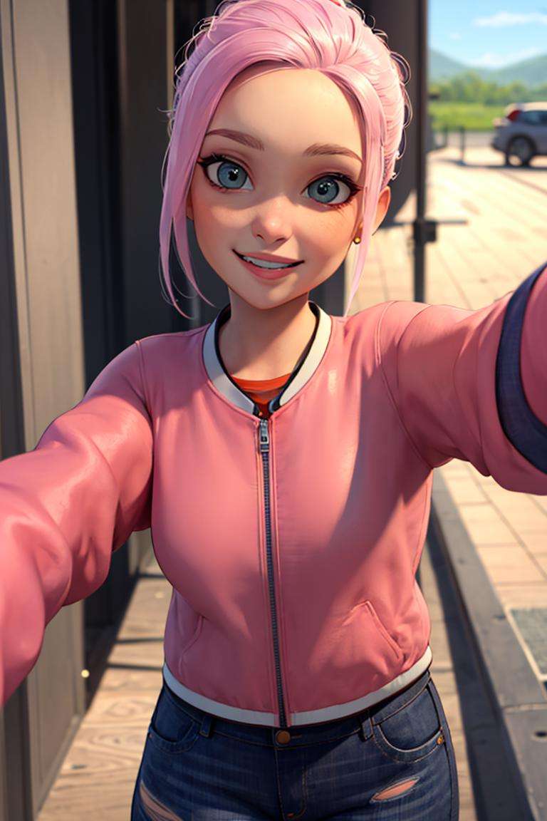 ((masterpiece,best quality)), absurdres,<lora:Brooklynn_Jurassic_Park:0.6>, Brooklynn_Jurassic_Park,  pink jacket, torn jeans, solo, smiling, looking at viewer, upper body, selfie,  