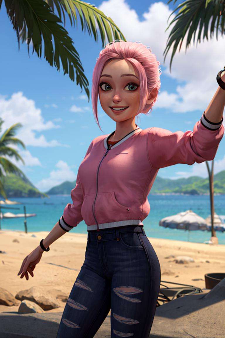 ((masterpiece,best quality)), absurdres,<lora:Brooklynn_Jurassic_Park:0.7>, Brooklynn_Jurassic_Park,  solo, smiling, looking at viewer, cowboy shot, tropical background, cinematic composition, dynamic pose,