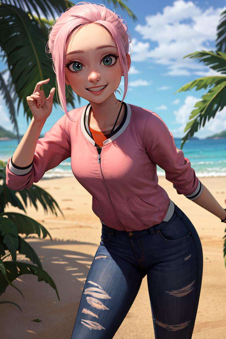 ((masterpiece,best quality)), absurdres,<lora:Brooklynn_Jurassic_Park:0.5>, Brooklynn_Jurassic_Park,  solo, smiling, looking at viewer, cowboy shot, tropical background, cinematic composition, dynamic pose,