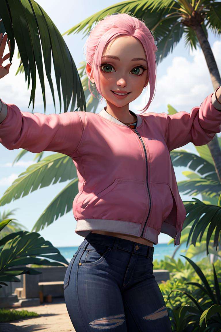 ((masterpiece,best quality)), absurdres,<lora:Brooklynn_Jurassic_Park:0.5>, Brooklynn_Jurassic_Park,  pink jacket, torn jeans, solo, smiling, looking at viewer, cowboy shot, tropical background, cinematic composition, dynamic pose,