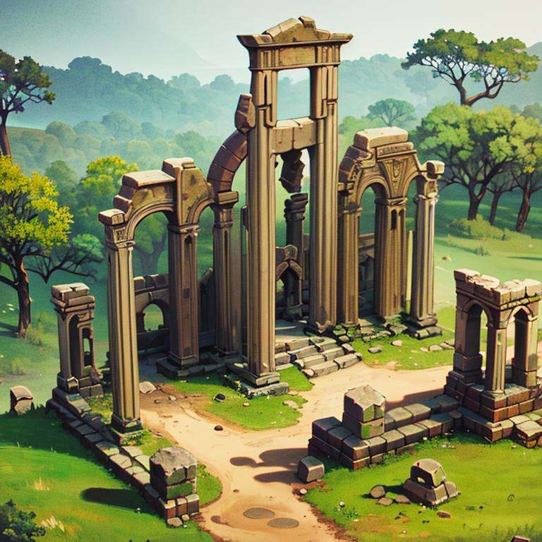 ((masterpiece,best quality)), absurdres <lora:Isometric_Setting:0.7>, Isometric_Setting, ancient ruins, forest in the background, 