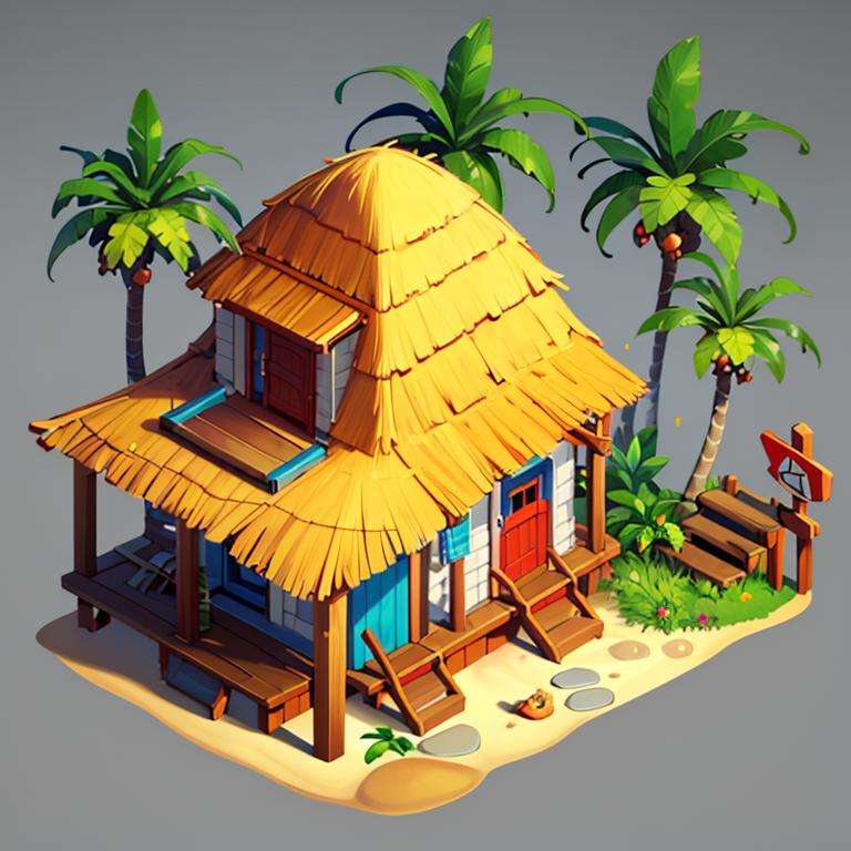 ((masterpiece,best quality)), absurdres <lora:Isometric_Setting:0.7>, Isometric_Setting, tropical beach and palm trees, tiny hut, 