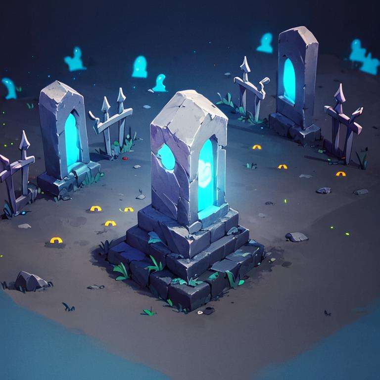 ((masterpiece,best quality)), absurdres <lora:Isometric_Setting:0.7>, spooky graveyard, graves, glowing blue lights, 