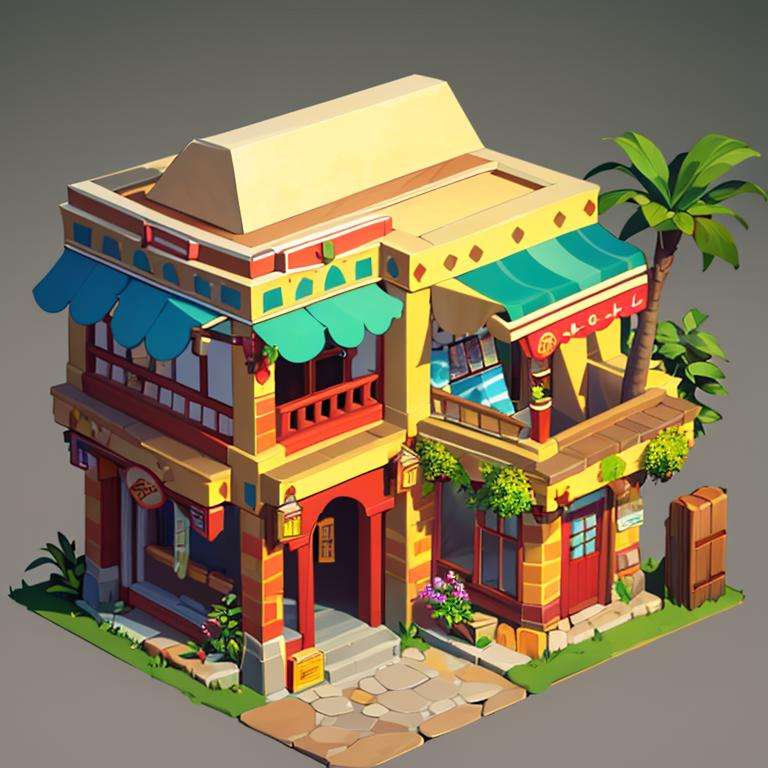 ((masterpiece,best quality)), absurdres <lora:Isometric_Setting:0.7>, Isometric_Setting, tropical, shop, 