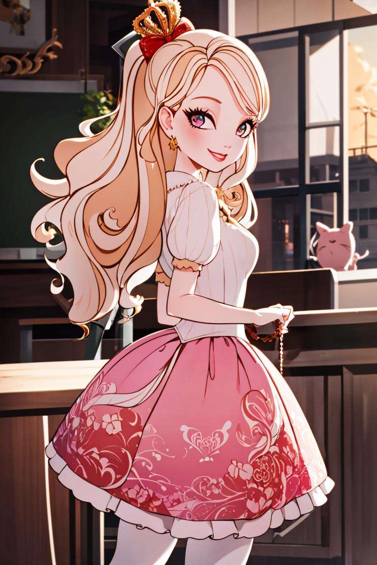 ((masterpiece,best quality)), absurdres,<lora:Apple_White_EAH:0.7>, Apple_White_EAH,  pink skirt, solo, smiling, looking at viewer, cowboy shot, school background, cinematic composition, dynamic pose, 