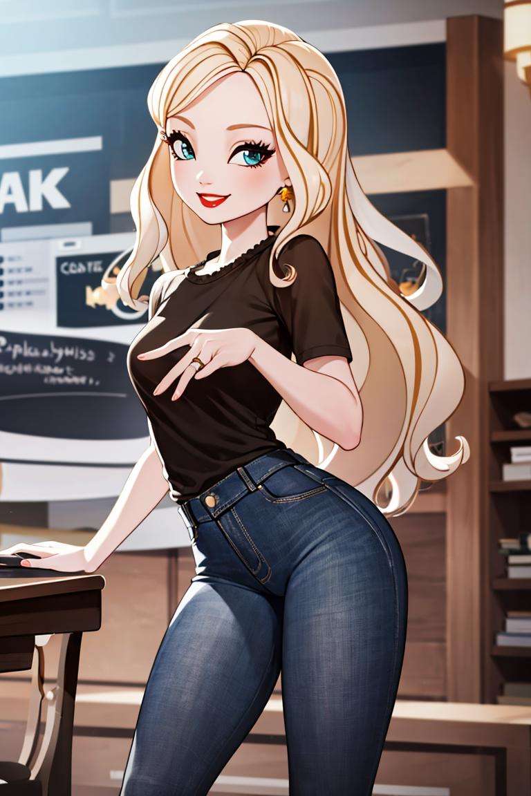 ((masterpiece,best quality)), absurdres,<lora:Apple_White_EAH:0.7>, Apple_White_EAH, black shirt, denim jeans, solo, smiling, looking at viewer, cowboy shot, school background, cinematic composition, dynamic pose, 