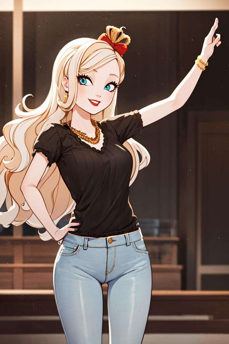 ((masterpiece,best quality)), absurdres,<lora:Apple_White_EAH:0.7>, Apple_White_EAH, black shirt, denim jeans, solo, smiling, looking at viewer, cowboy shot, school background, cinematic composition, dynamic pose, 