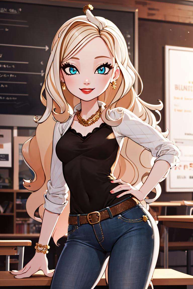 ((masterpiece,best quality)), absurdres,<lora:Apple_White_EAH:0.7>, Apple_White_EAH, black shirt, denim jeans, solo, smiling, looking at viewer, cowboy shot, school background, cinematic composition, dynamic pose, 