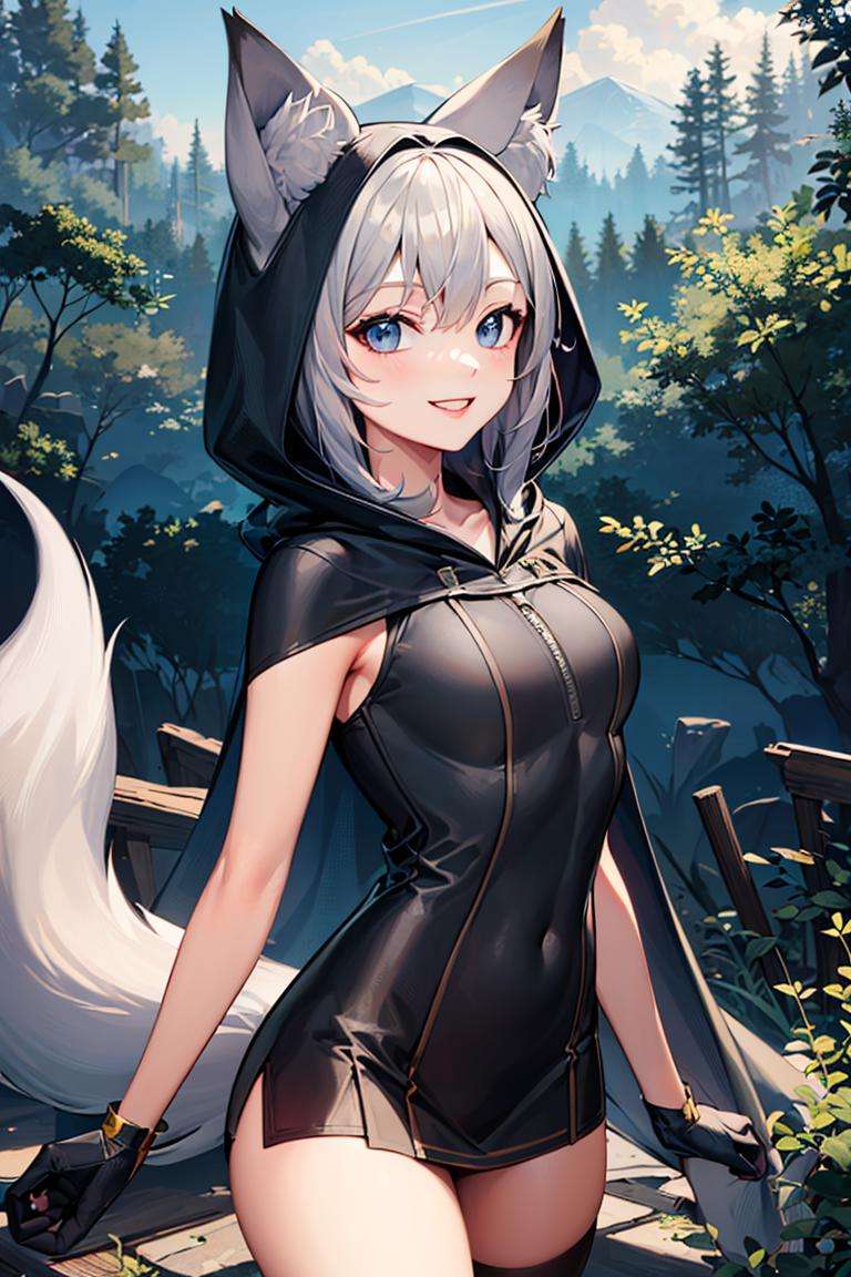 ((masterpiece,best quality)), absurdres,<lora:Ira_AFK:0.7>, Ira_AFK, cape, fox tail, hood up, mini skirt, smiling,solo, smiling, looking at viewer, cowboy shot, forest in background, cinematic composition, dynamic pose,