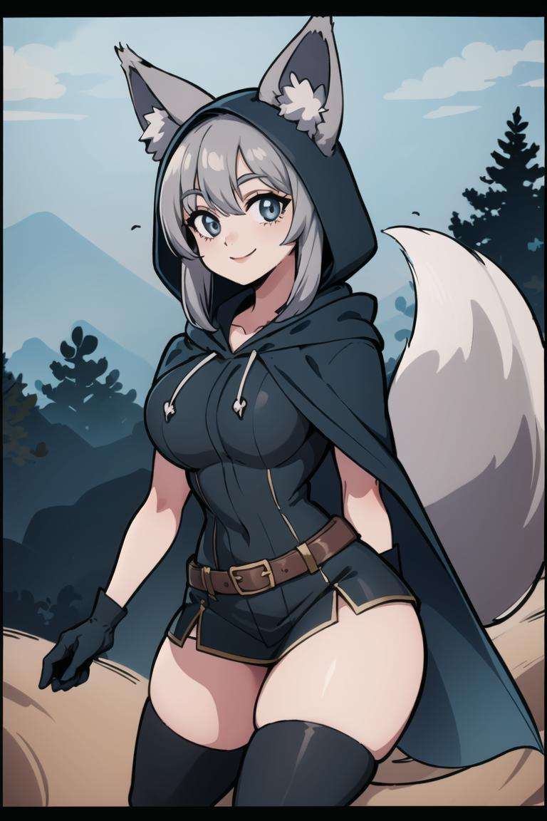 ((masterpiece,best quality)), absurdres,<lora:Ira_AFK:0.9>, Ira_AFK, cape, fox tail, hood up, mini skirt, silver fur, smiling,solo, smiling, looking at viewer, cowboy shot, forest in background, cinematic composition, dynamic pose,