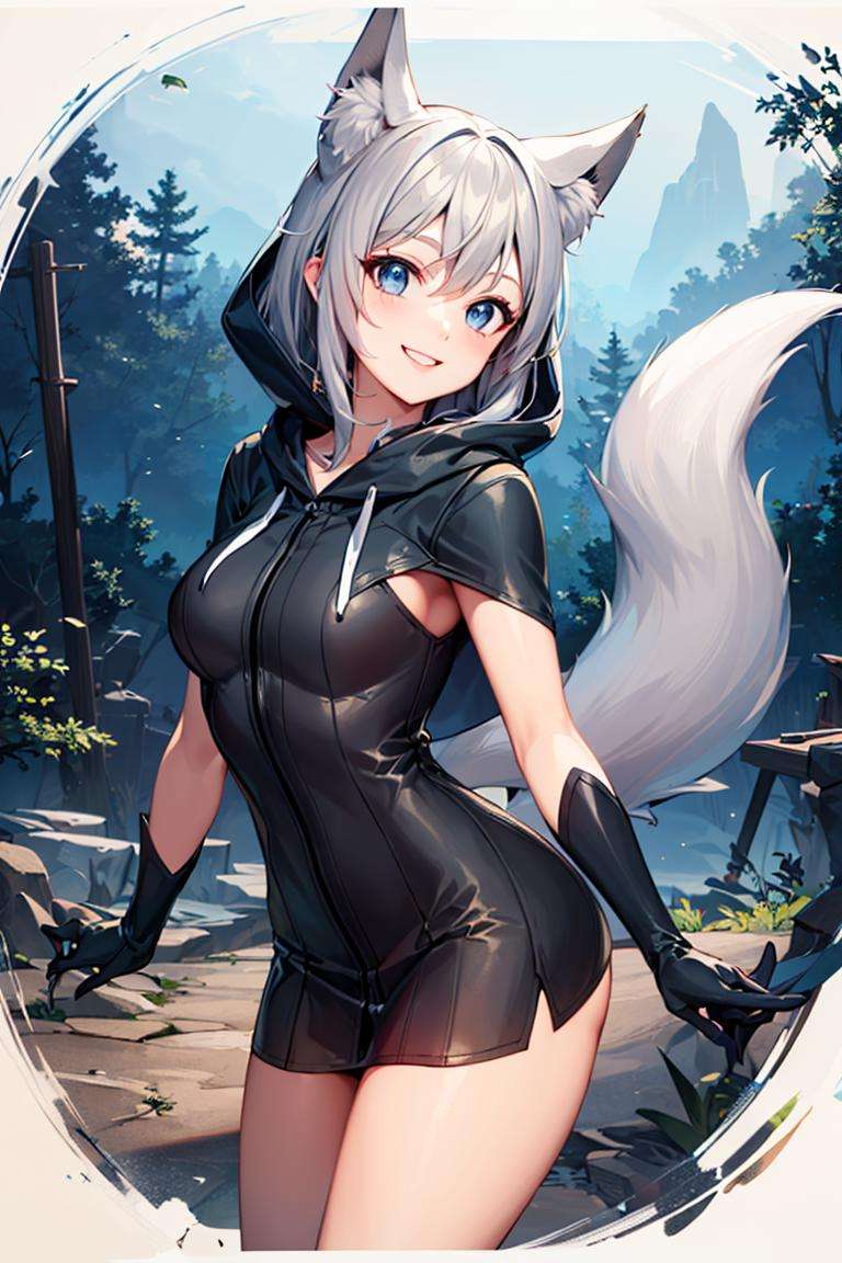 ((masterpiece,best quality)), absurdres,<lora:Ira_AFK:0.7>, Ira_AFK, cape, fox tail, hood up, mini skirt, smiling,solo, smiling, looking at viewer, cowboy shot, forest in background, cinematic composition, dynamic pose,