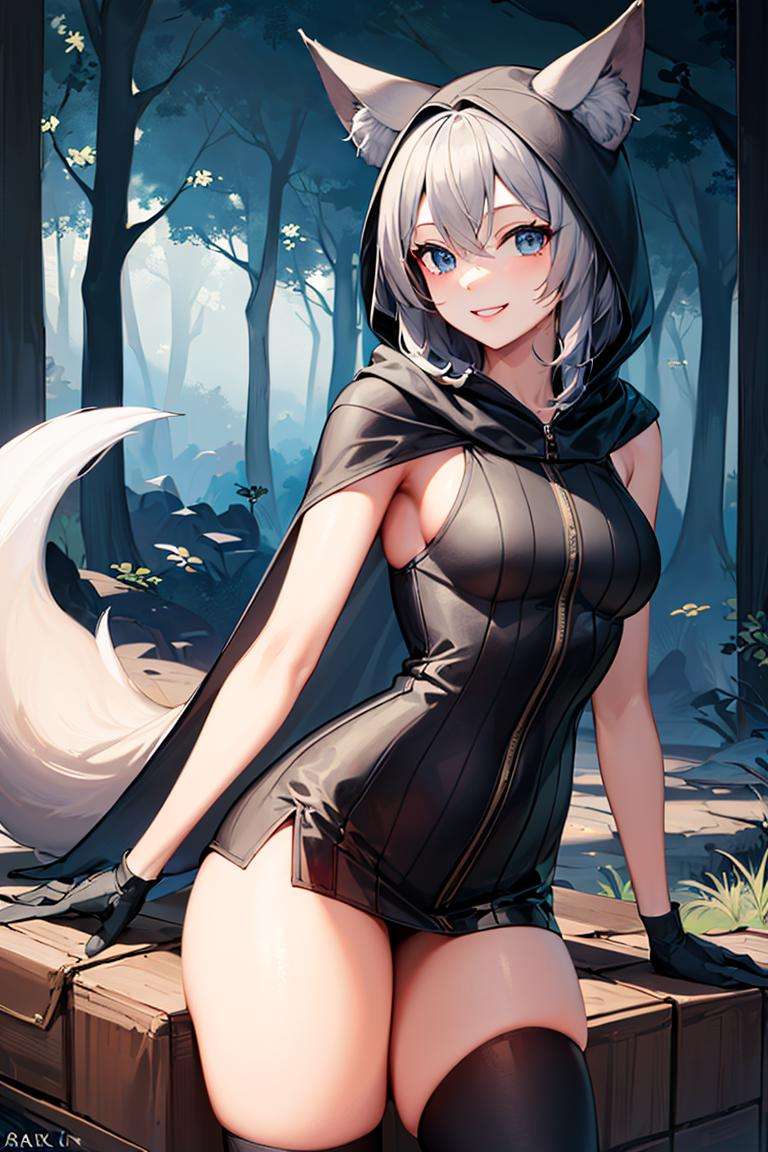 ((masterpiece,best quality)), absurdres,<lora:Ira_AFK:0.7>, Ira_AFK, cape, fox tail, hood up, mini skirt, smiling,solo, smiling, looking at viewer, cowboy shot, forest in background, cinematic composition, dynamic pose,