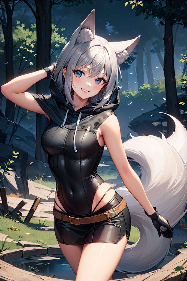 ((masterpiece,best quality)), absurdres,<lora:Ira_AFK:0.7>, Ira_AFK, cape, fox tail, hood up, mini skirt, smiling,solo, smiling, looking at viewer, cowboy shot, forest in background, cinematic composition, dynamic pose,