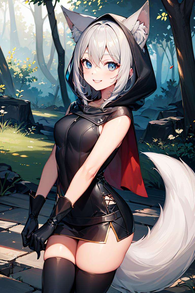 ((masterpiece,best quality)), absurdres,<lora:Ira_AFK:0.7>, Ira_AFK, cape, fox tail, hood up, mini skirt, smiling,solo, smiling, looking at viewer, cowboy shot, forest in background, cinematic composition, dynamic pose,